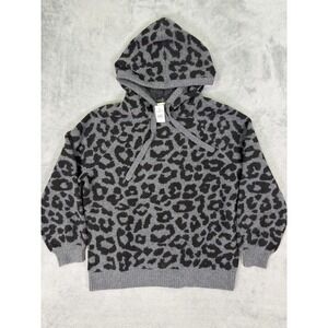 New Loft Sweater Womens XL Black Gray Leopard Print Long Sleeve Hooded Pullover